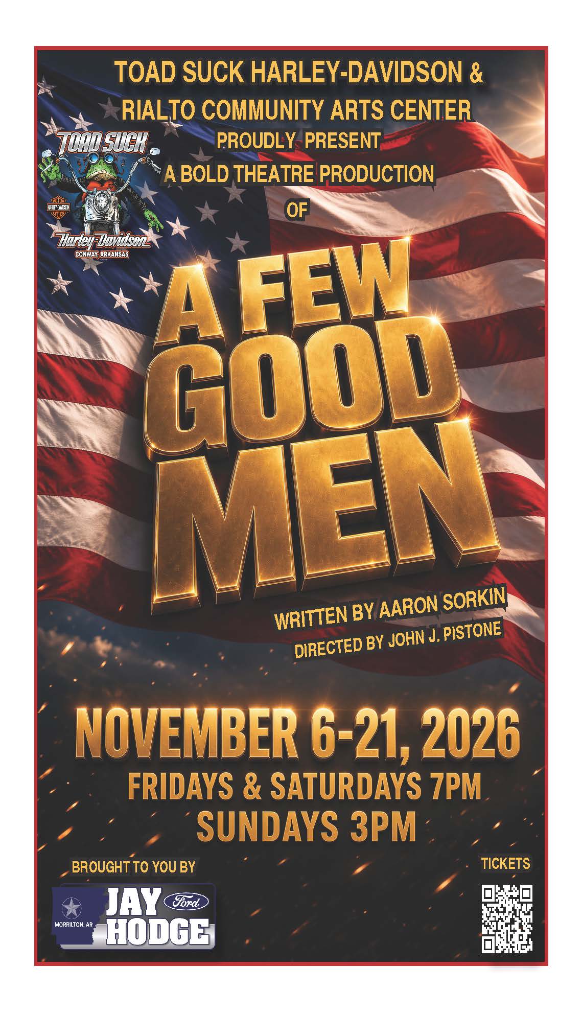 Poster for A Few Good Men by Aaron Sorkin, a Bold Theatre production at the Rialto Community Arts Center in Morrilton, Arkansas. Nine performances in November 2026.