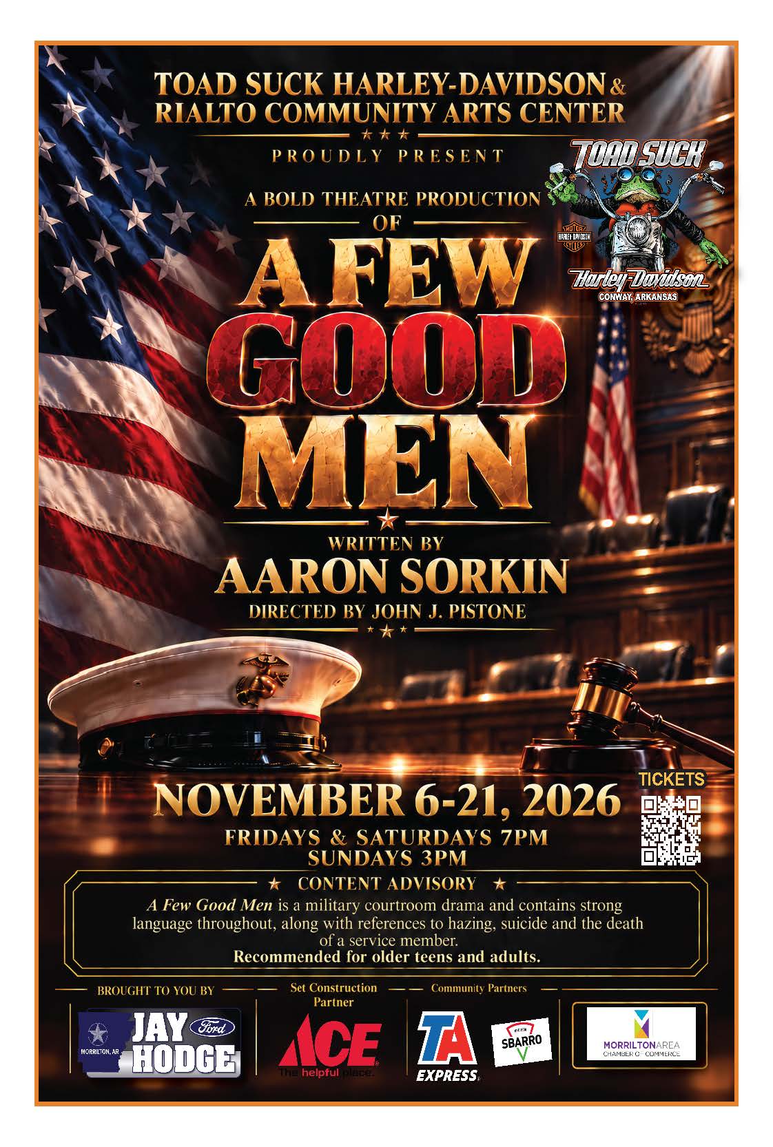 Poster for A Few Good Men by Aaron Sorkin, a Bold Theatre production at the Rialto Community Arts Center in Morrilton, Arkansas. November 6-21, 2026.